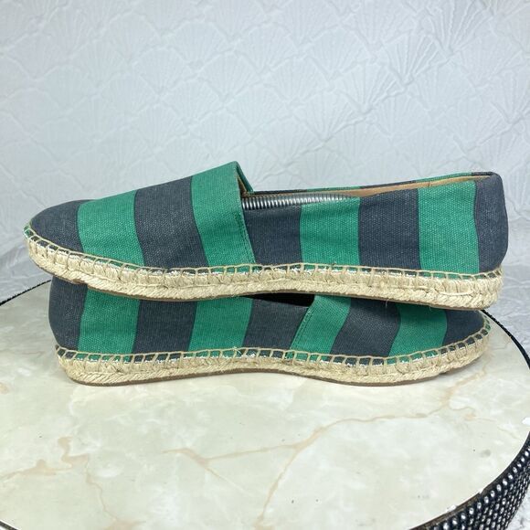 J. Crew Slip On Espadrille Flat Shoes 8 Navy Blue Green Striped Canvas Loafers - Picture 10 of 13